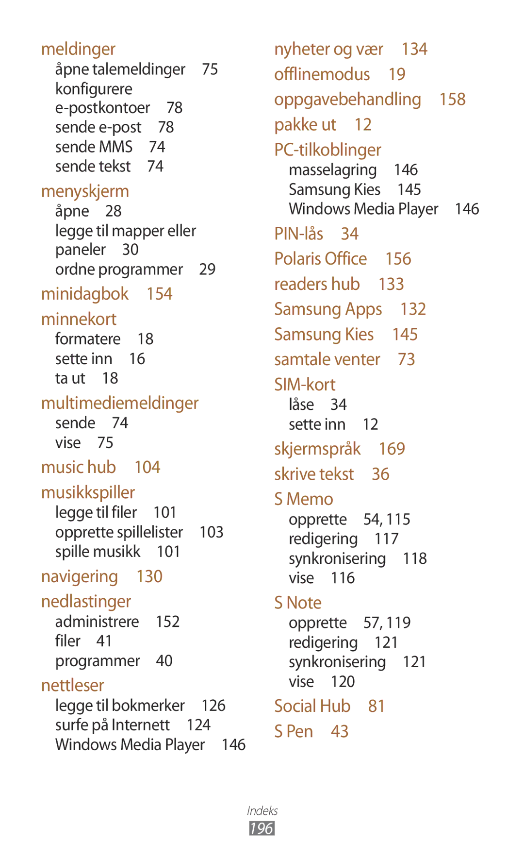 Samsung GT-N7000ZBENEE manual Legge til mapper eller paneler Ordne programmer , Formatere 18 sette inn 16 ta ut , 196 